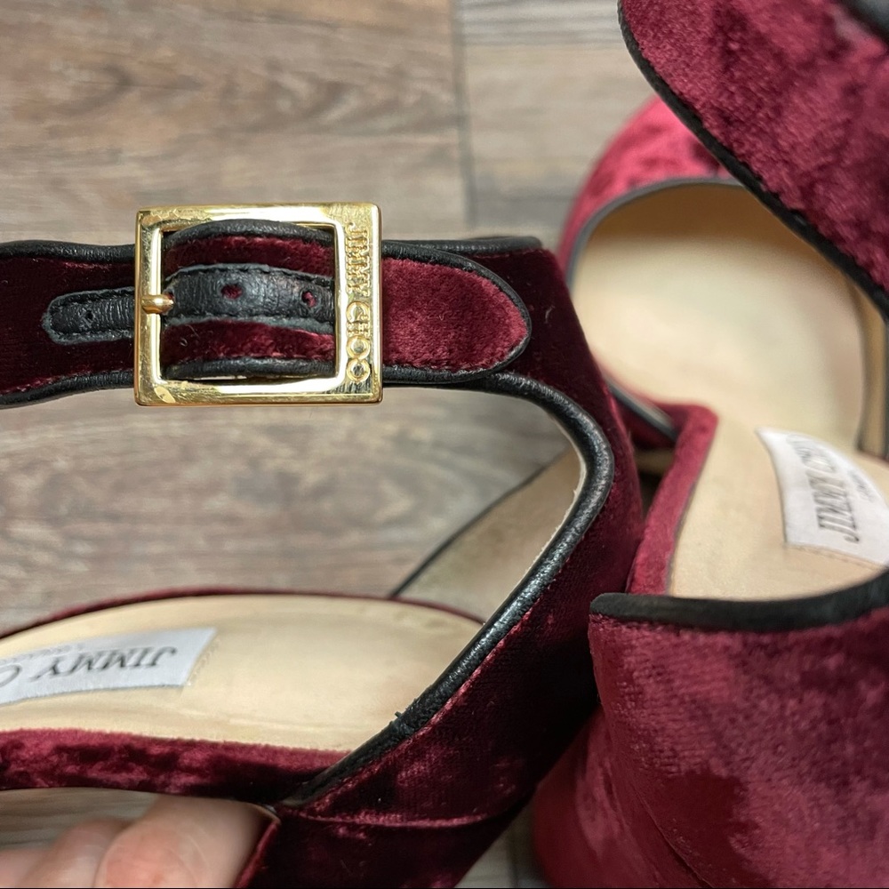 JIMMY CHOO Merlot Red Velvet Platform Heels Sz 9 - Picture 7 of 10